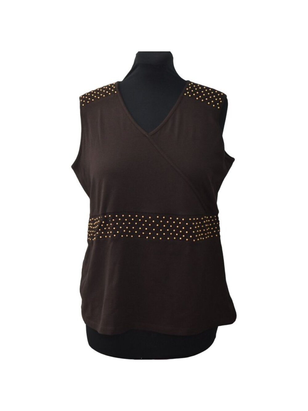 JM Collection Top Womens 1X Brown Beaded Smocked V Neck Sleeveless Blouse New